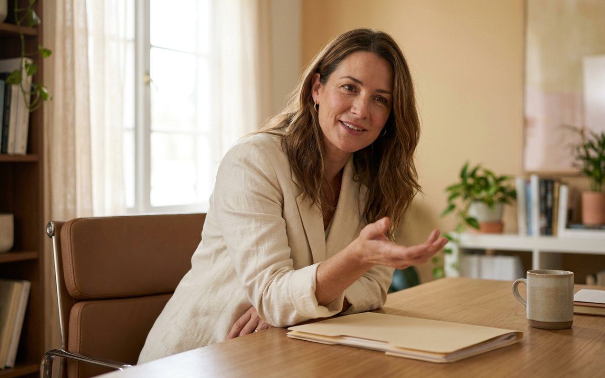 Immigration lawyer explaining a case in her office