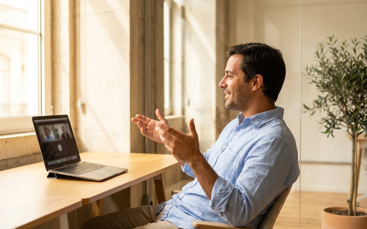 Tax consultant on a video call in a modern Lisbon office