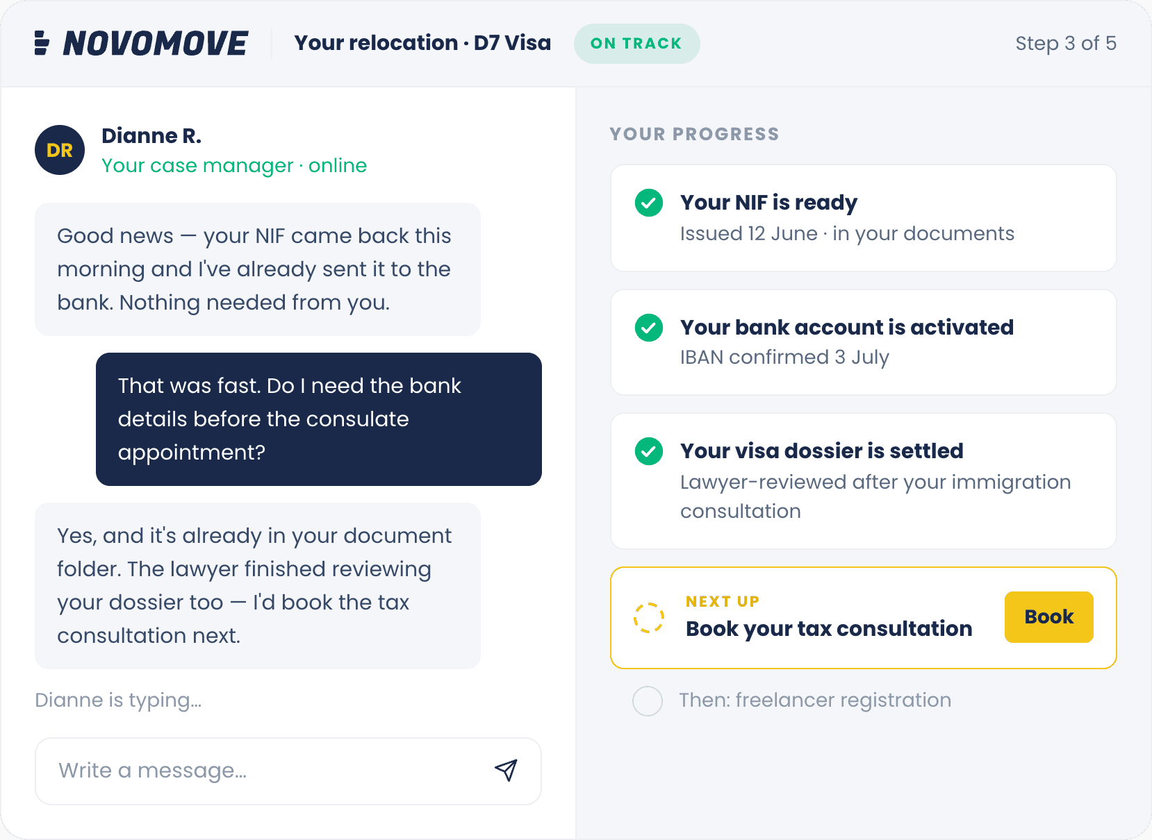 The Novomove client dashboard: a message thread with case manager Dianne R. beside a progress checklist showing NIF ready, bank account activated, visa dossier settled, and the tax consultation up next