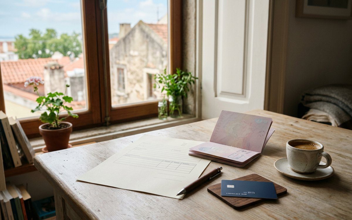 Passport, form and bank card on a sunlit desk