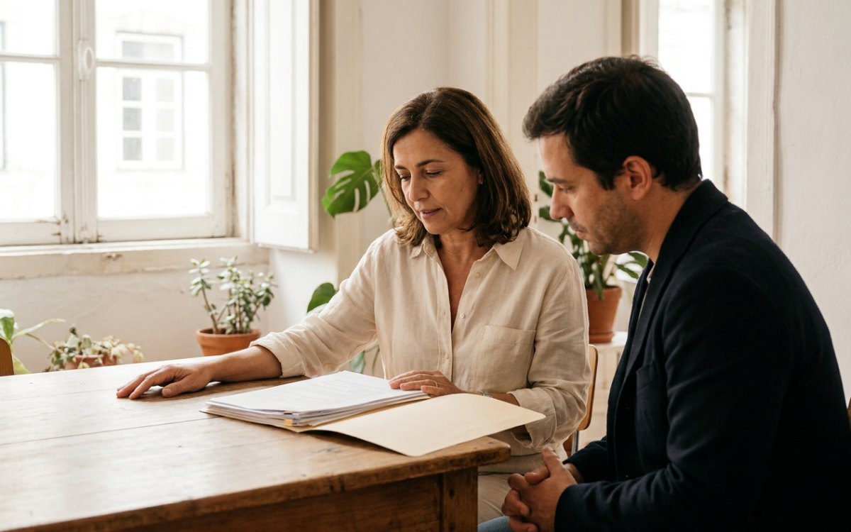 A lawyer and client reviewing visa documents together