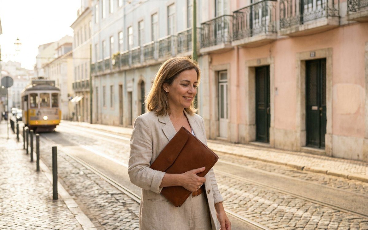 Woman walking a Lisbon street holding her residency folder