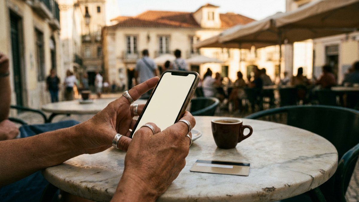 Banking app on a phone beside a bank card at a Lisbon cafe