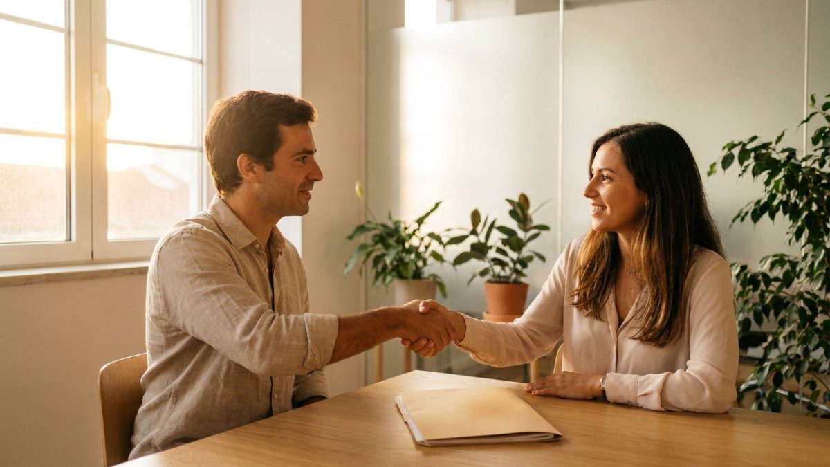 Two business partners shaking hands in a Lisbon office