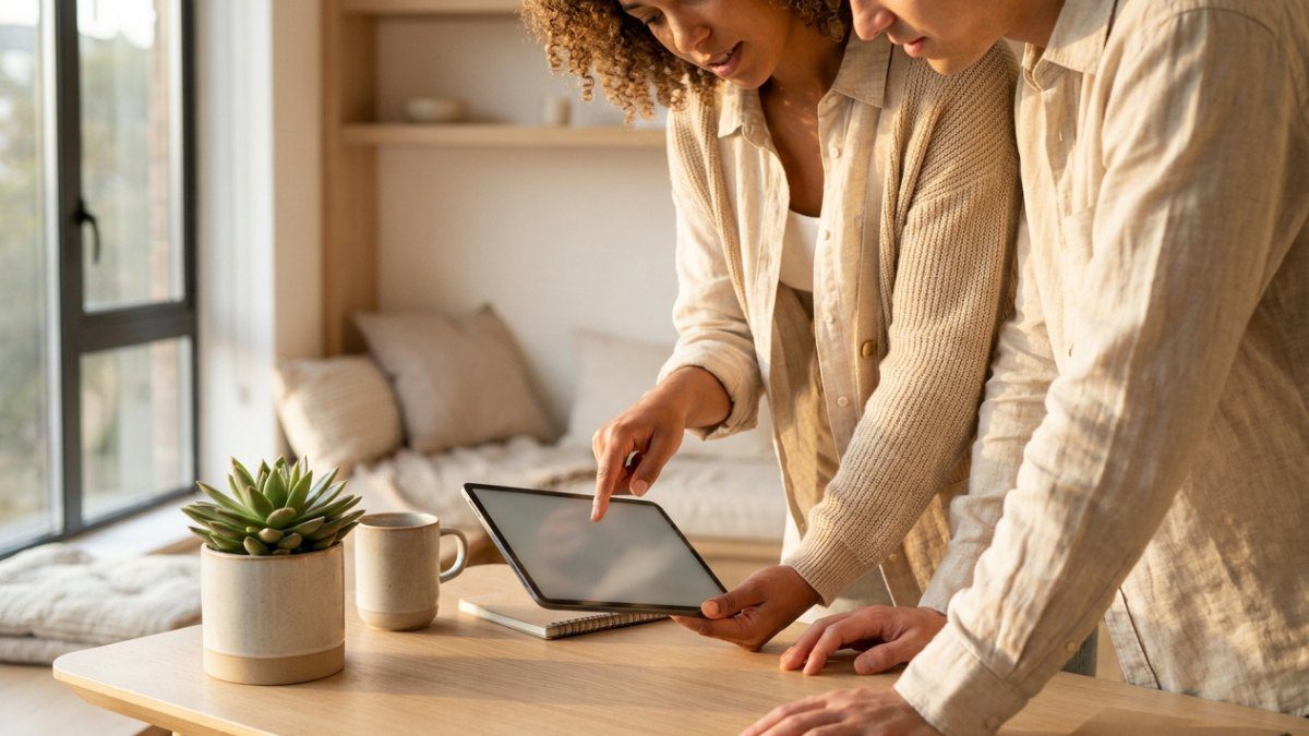 Two people reviewing figures on a tablet at a bright desk