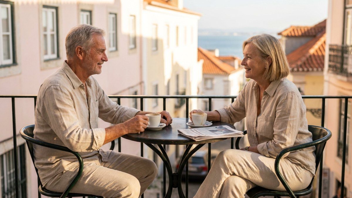 Retired couple sitting at a cafe table on a Lisbon terrace