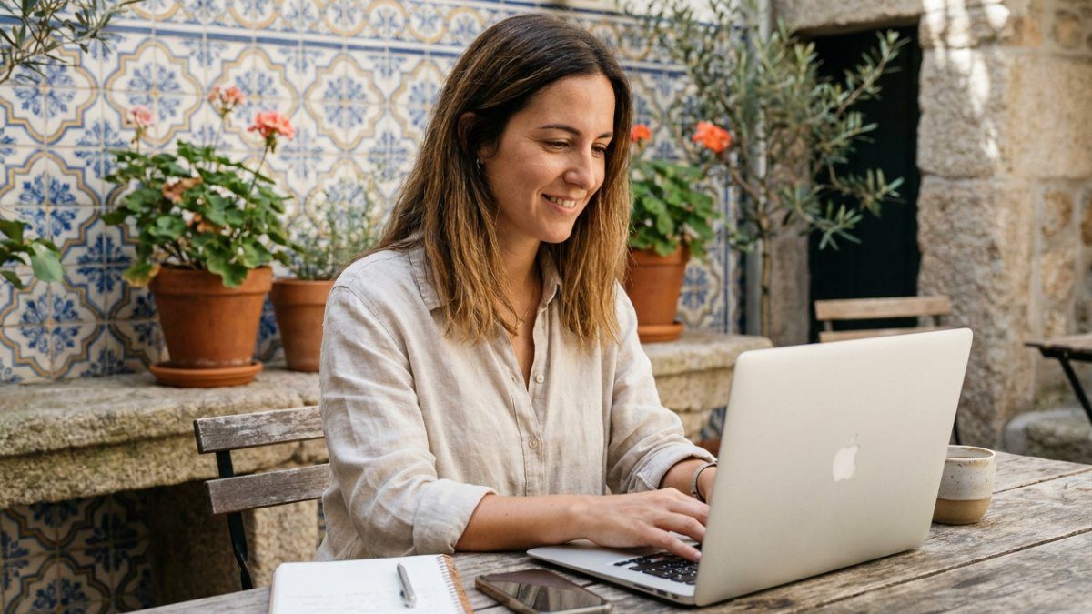 Remote worker using a laptop in a tiled Porto courtyard