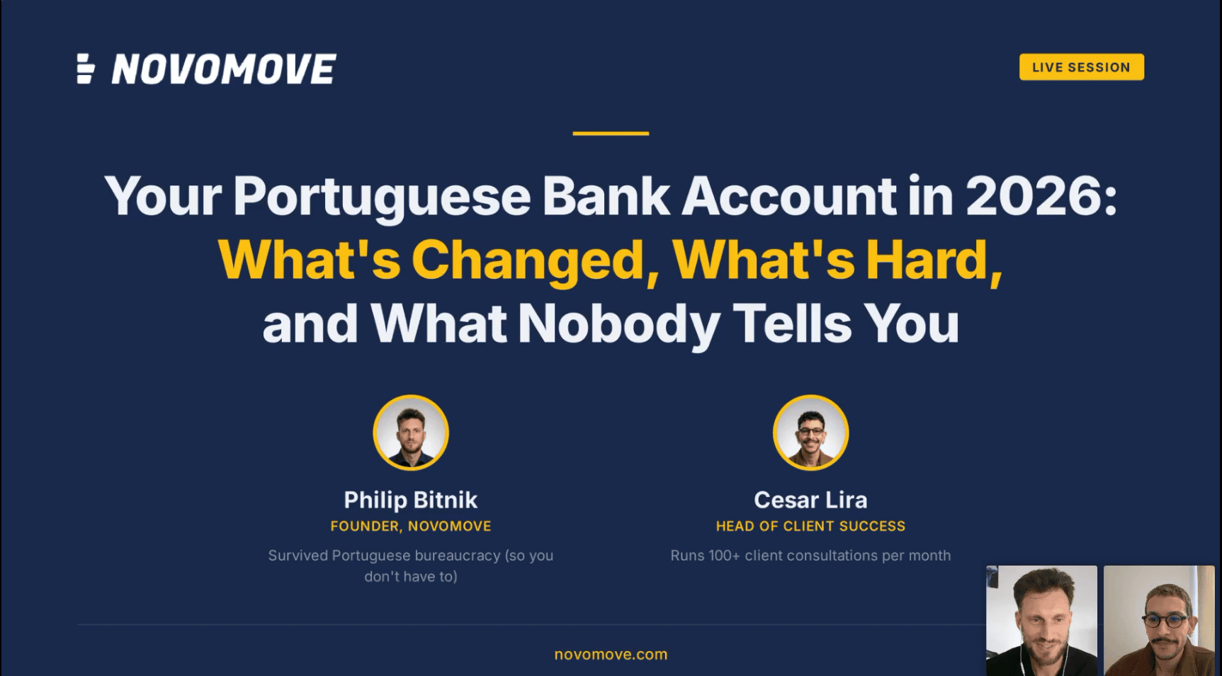 Title slide of the Portuguese bank account webinar with Philip Bitnik and Cesar Lira