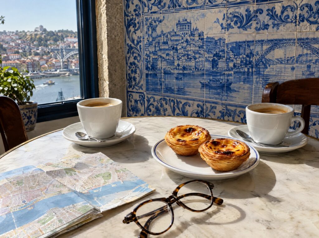 Two coffees and pastƩis de nata on a cafƩ table in Porto (illustrative image)