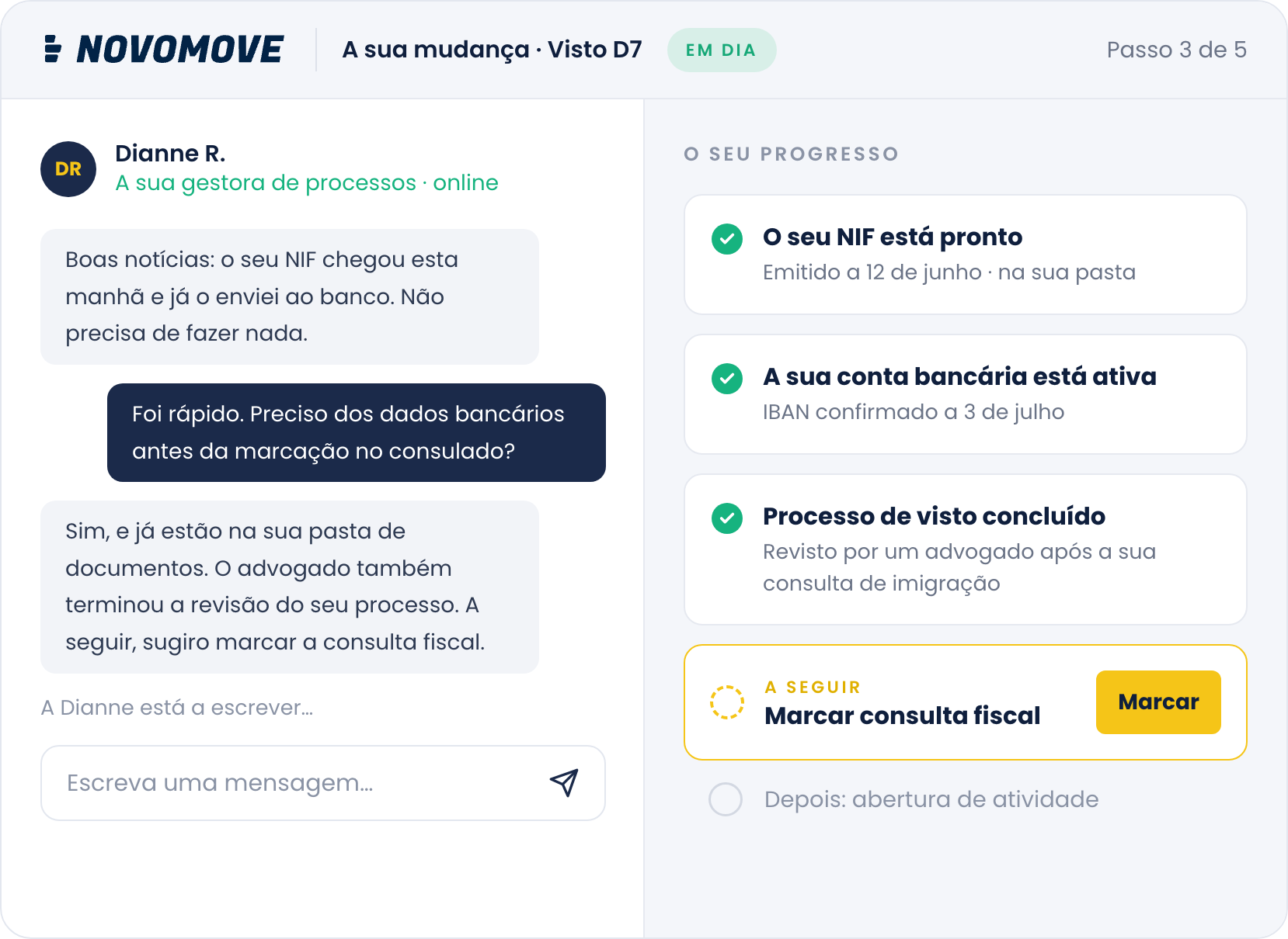 The Novomove client dashboard: a message thread with case manager Dianne R. beside a progress checklist showing NIF ready, bank account activated, visa dossier settled, and the tax consultation up next